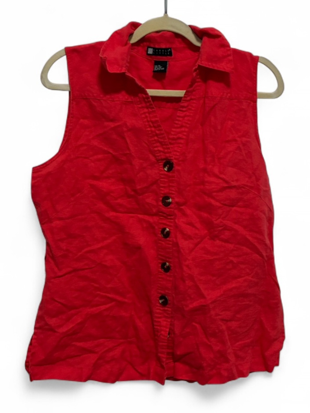 Y2K Carole Little Linen Vibrant Orange Sleeveless Button-Down Shirt